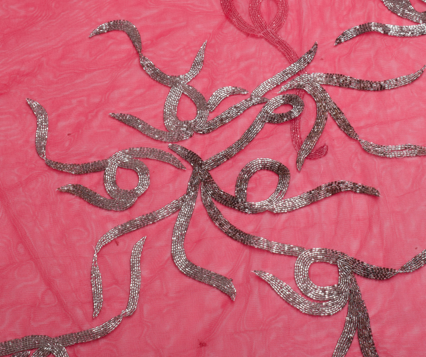 Sushila Vintage HEAVY Red Saree Net Mesh Glass Beads Embellish Sari Craft Fabric