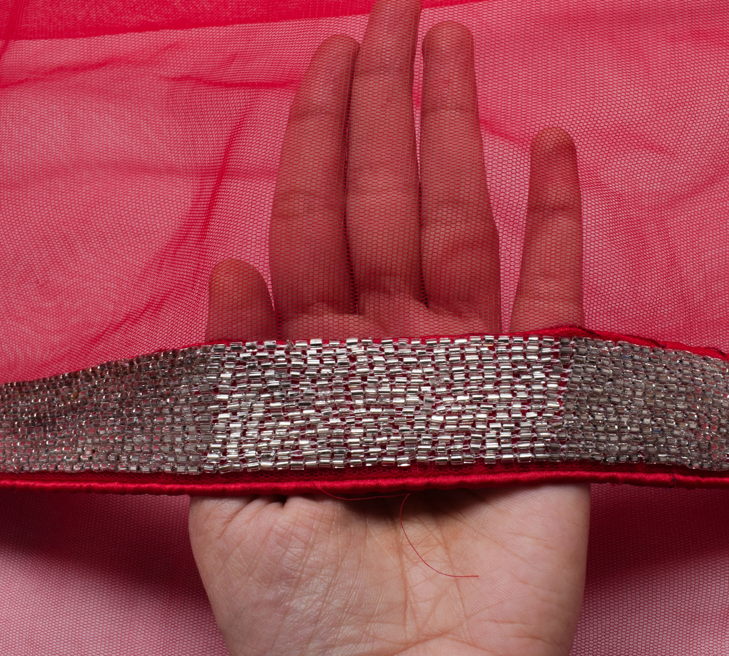 Sushila Vintage HEAVY Red Saree Net Mesh Glass Beads Embellish Sari Craft Fabric