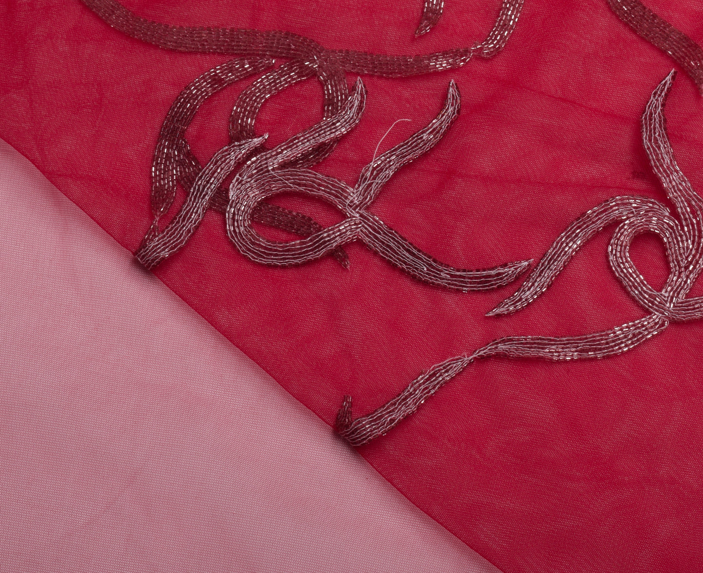 Sushila Vintage HEAVY Red Saree Net Mesh Glass Beads Embellish Sari Craft Fabric