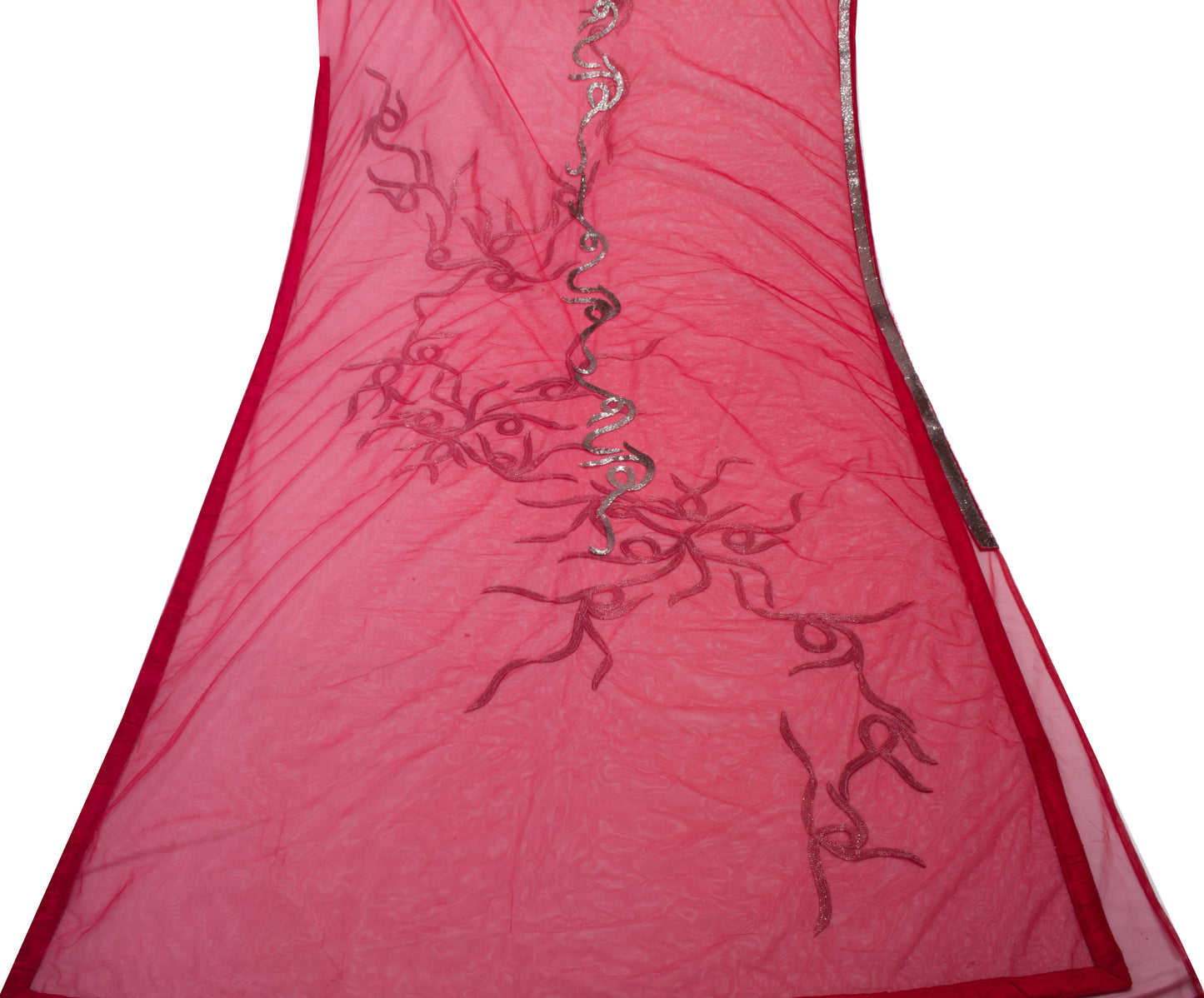 Sushila Vintage HEAVY Red Saree Net Mesh Glass Beads Embellish Sari Craft Fabric