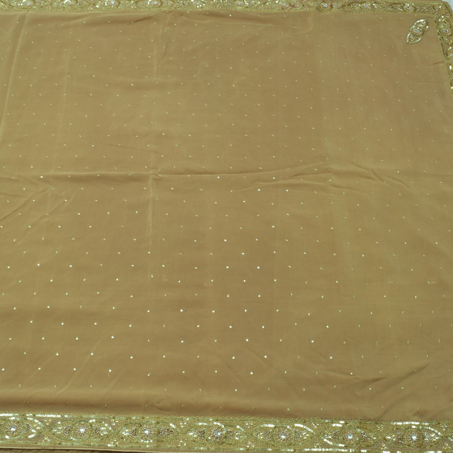 Sushila Vintage Light Brown Saree 100% Pure Silk Hand Beaded Sari Craft Fabric