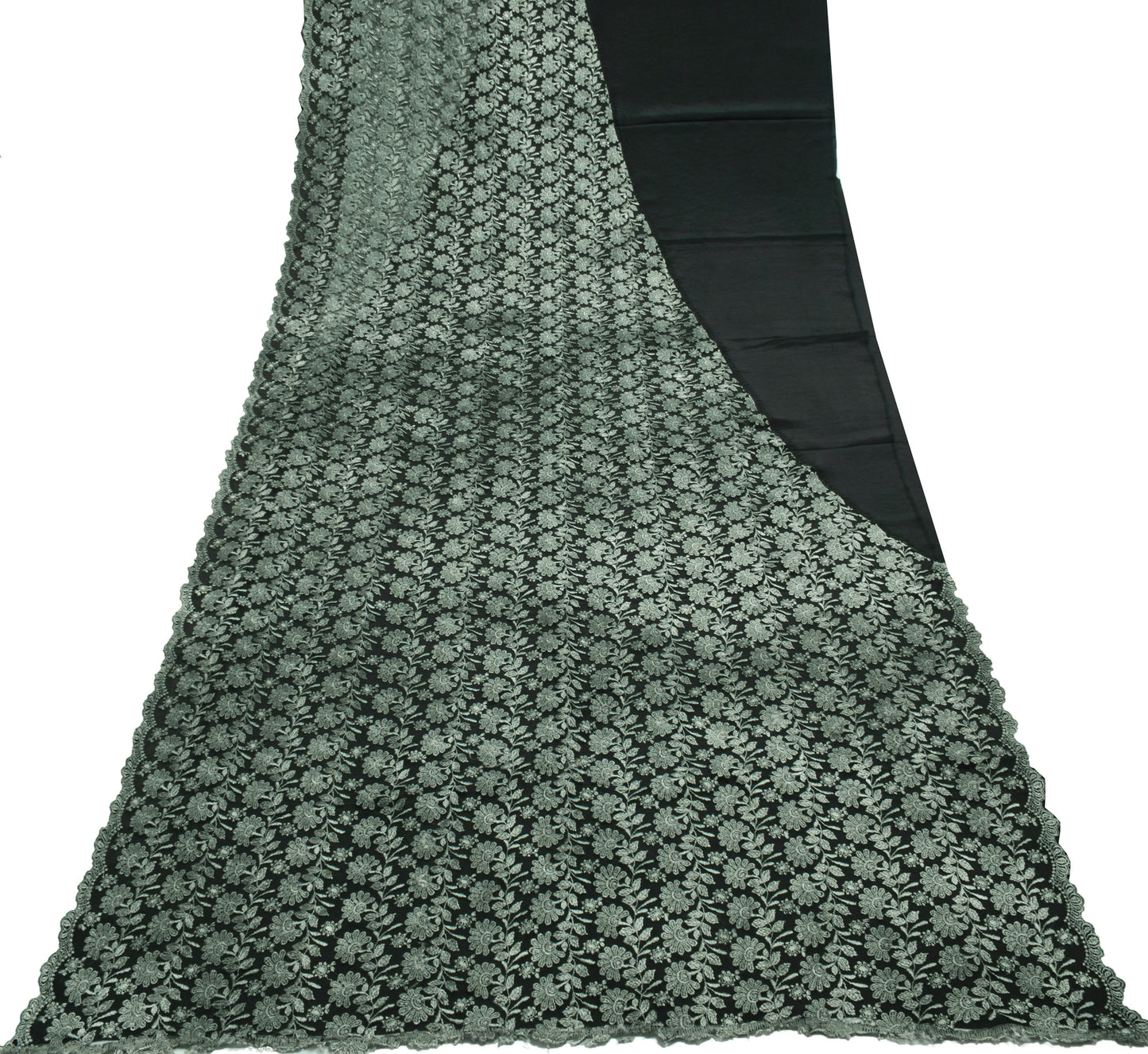 Sushila Vintage Black Saree Net Mesh Embroidered Floral 5 Yard Sari Craft Fabric
