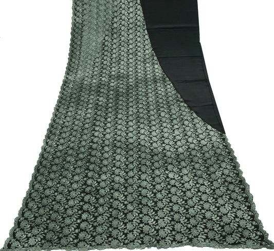 Sushila Vintage Black Saree Net Mesh Embroidered Floral 5 Yard Sari Craft Fabric