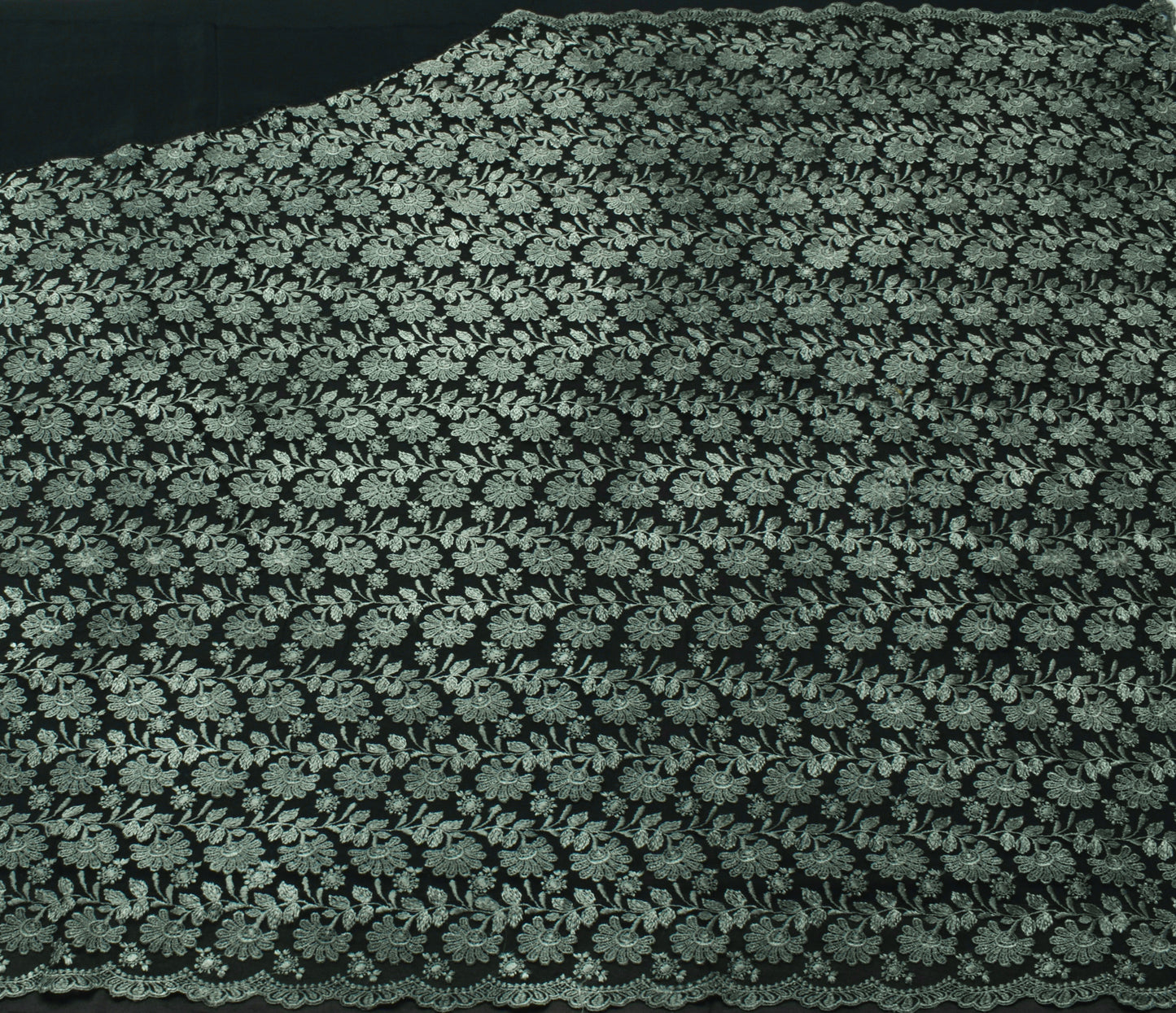 Sushila Vintage Black Saree Net Mesh Embroidered Floral 5 Yard Sari Craft Fabric
