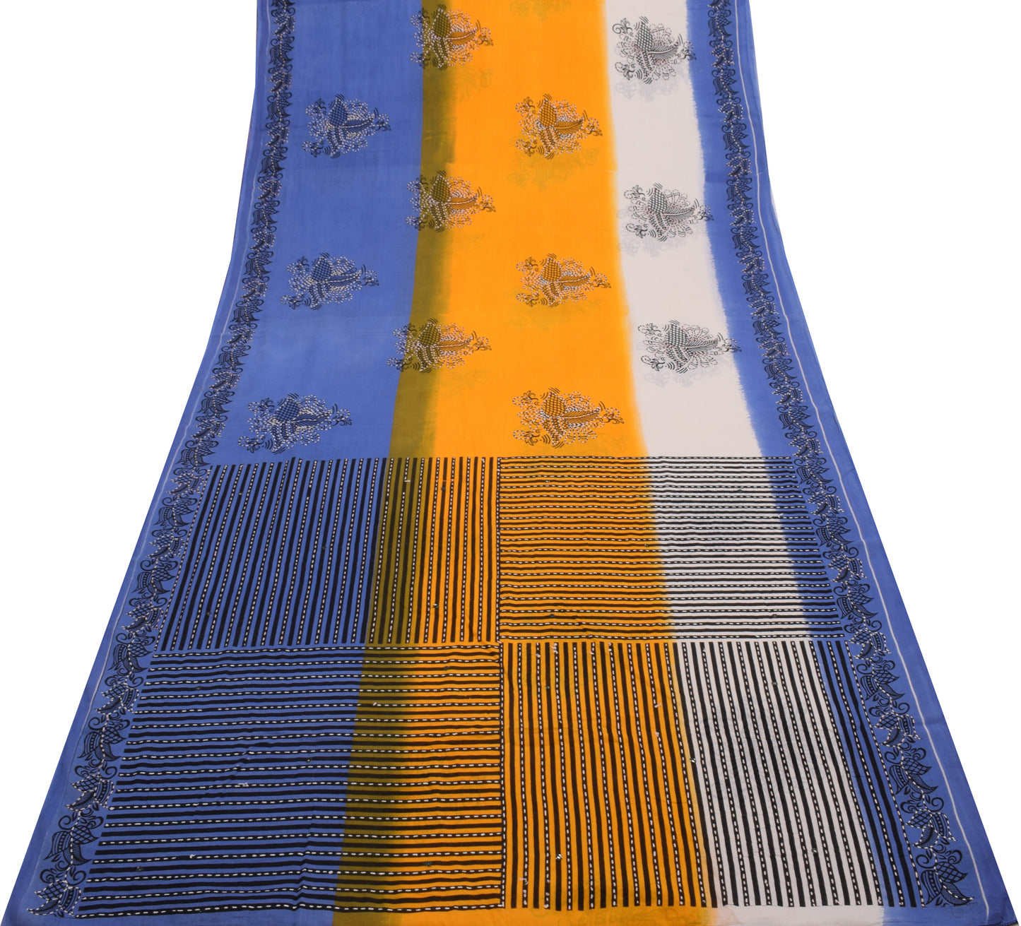Sushila Vintage Blue Yellow Saree Pure Cotton Hand Embroidered Sari Craft Fabric