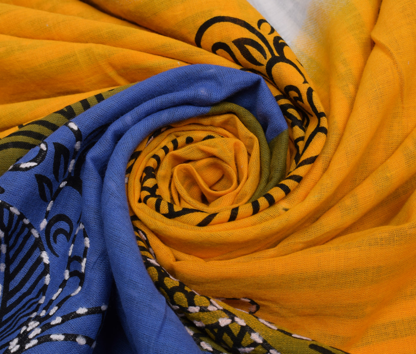Sushila Vintage Blue Yellow Saree Pure Cotton Hand Embroidered Sari Craft Fabric