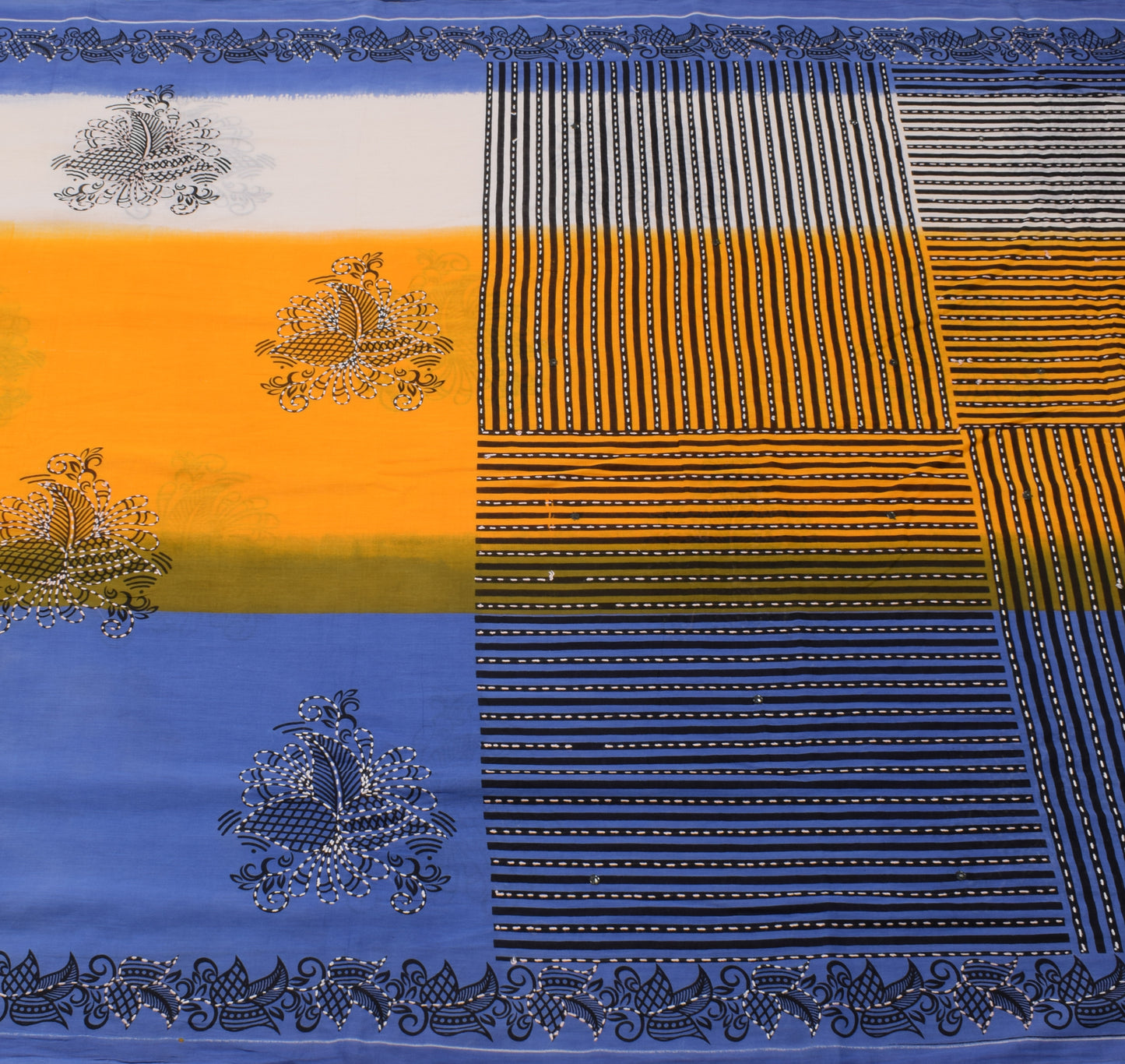 Sushila Vintage Blue Yellow Saree Pure Cotton Hand Embroidered Sari Craft Fabric