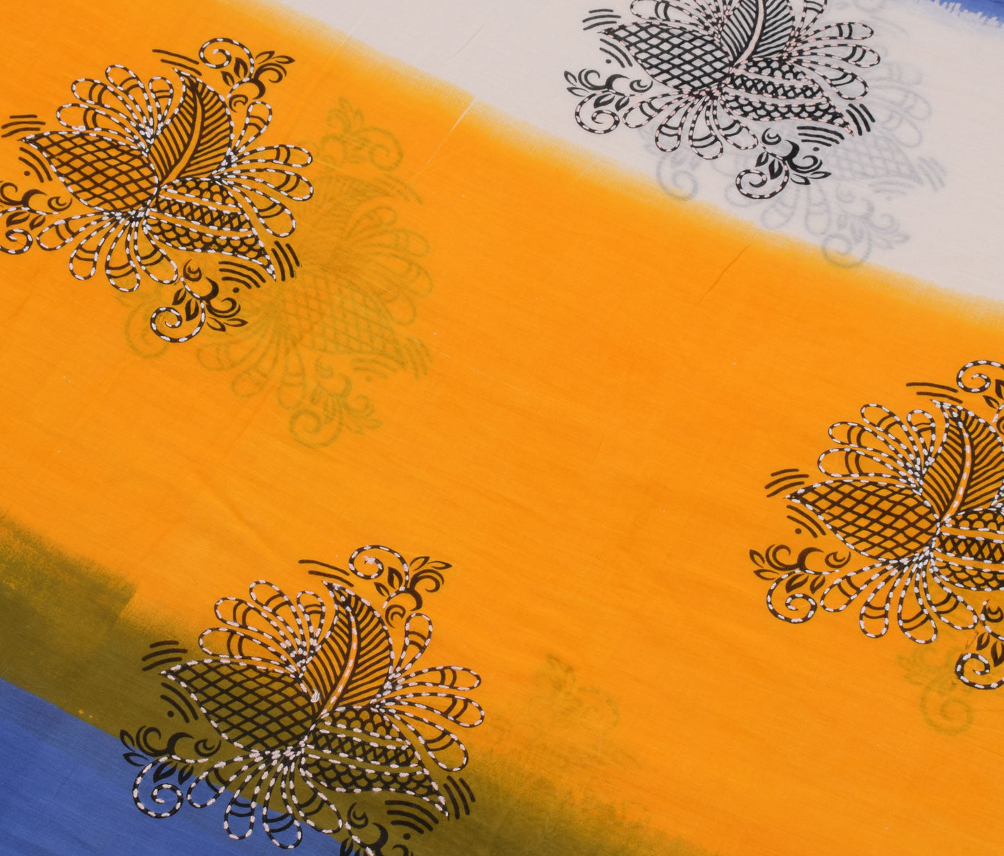 Sushila Vintage Blue Yellow Saree Pure Cotton Hand Embroidered Sari Craft Fabric
