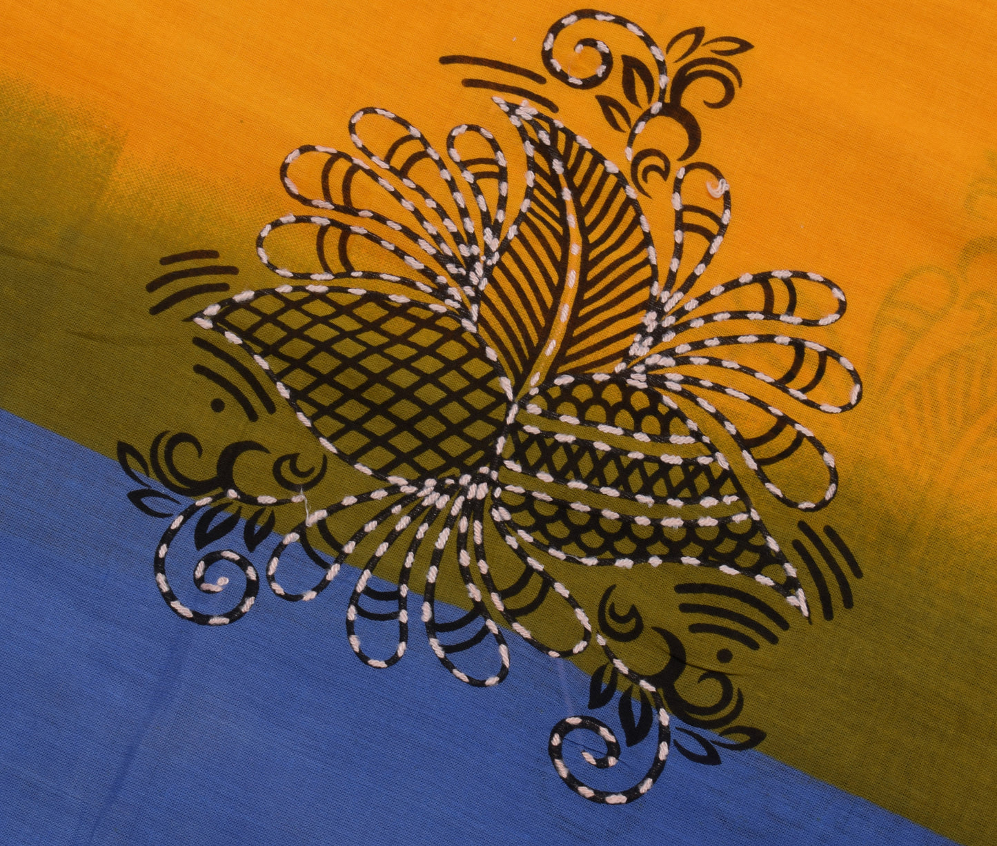 Sushila Vintage Blue Yellow Saree Pure Cotton Hand Embroidered Sari Craft Fabric