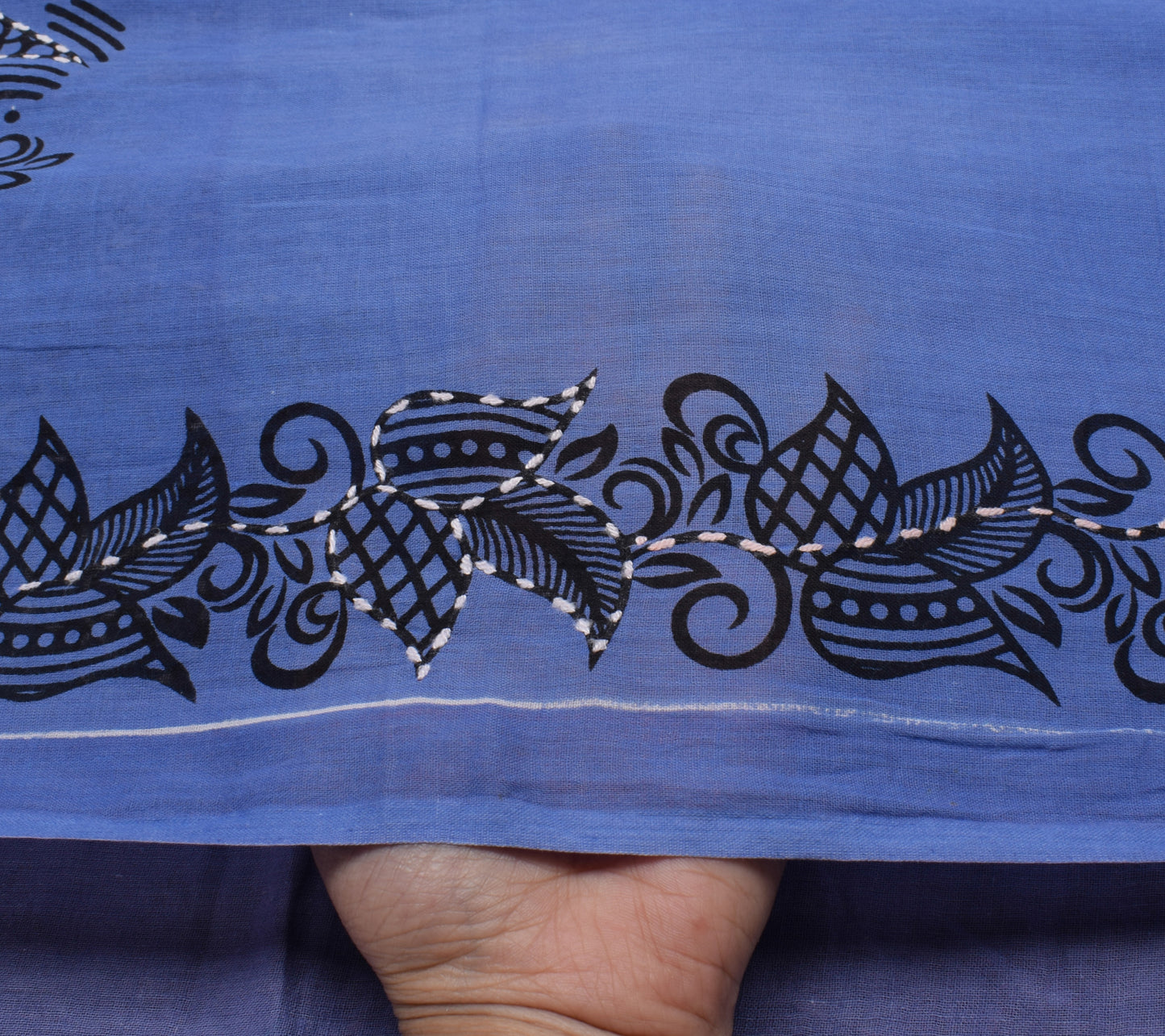 Sushila Vintage Blue Yellow Saree Pure Cotton Hand Embroidered Sari Craft Fabric