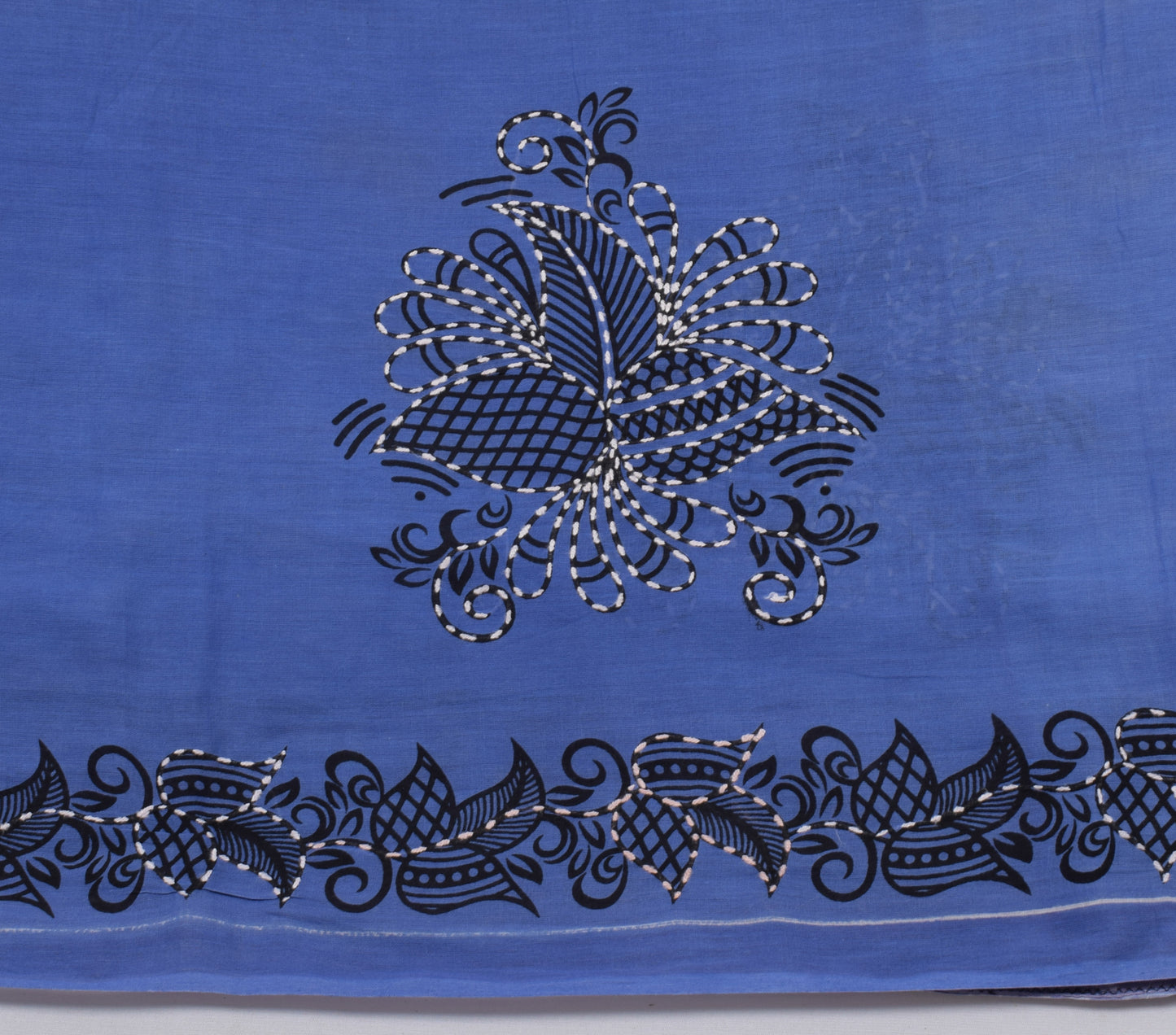 Sushila Vintage Blue Yellow Saree Pure Cotton Hand Embroidered Sari Craft Fabric