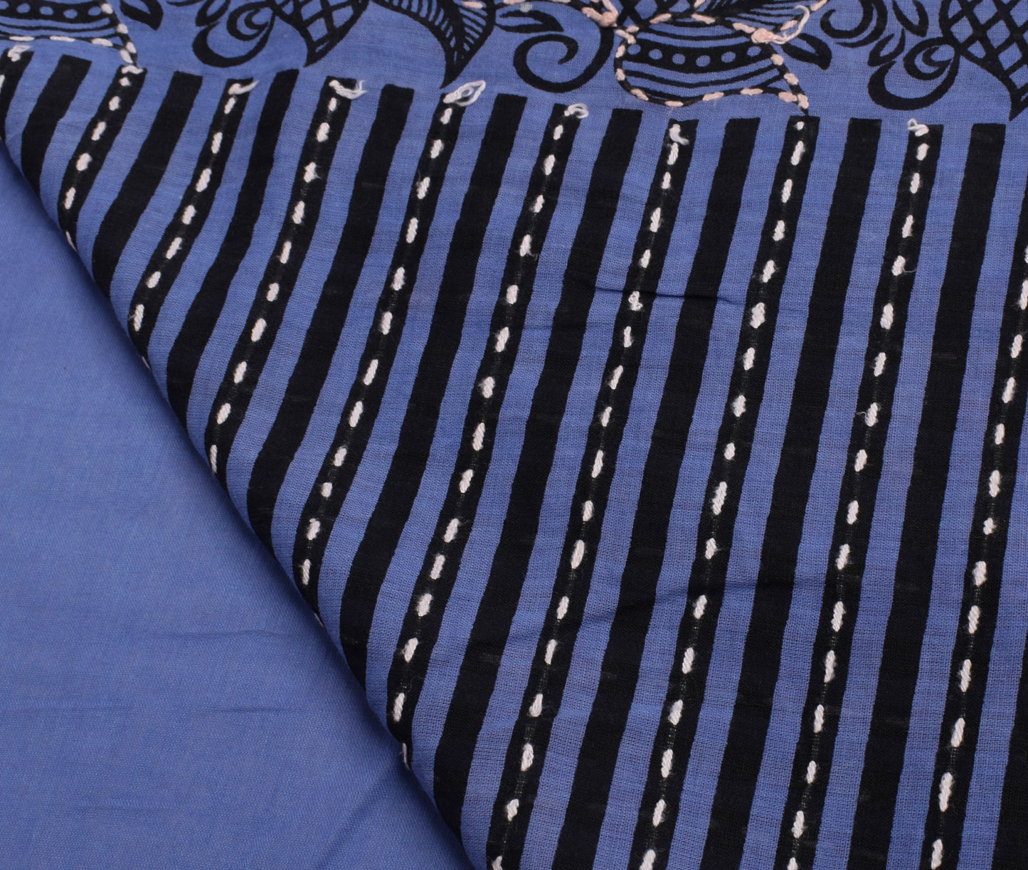Sushila Vintage Blue Yellow Saree Pure Cotton Hand Embroidered Sari Craft Fabric