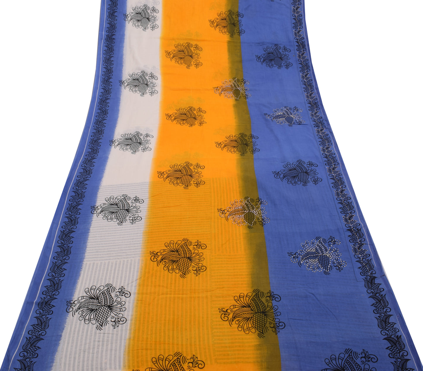 Sushila Vintage Blue Yellow Saree Pure Cotton Hand Embroidered Sari Craft Fabric