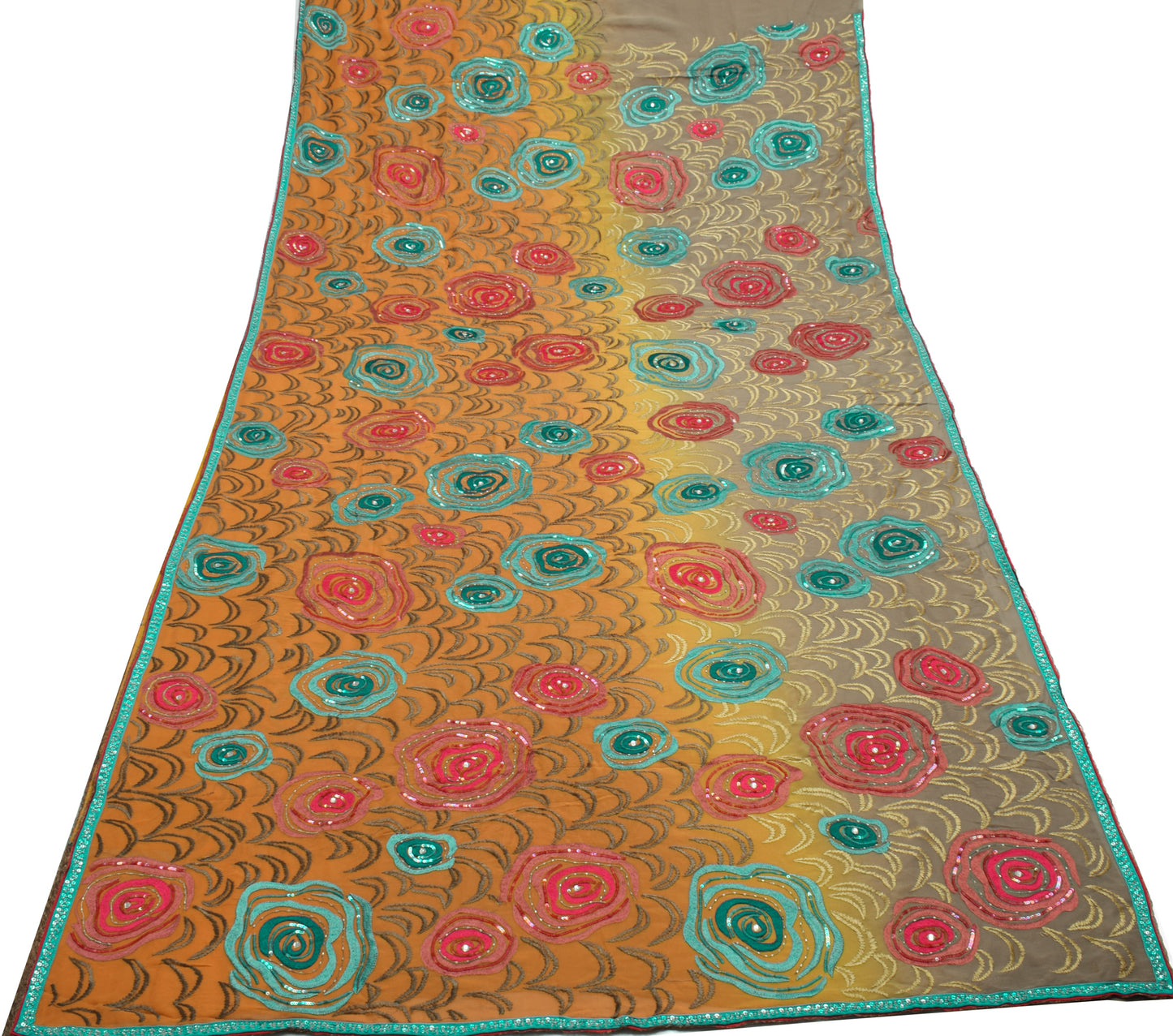 Sushila Vintage Mustard HEAVY Saree Pure Georgette Embroidered Sari Craft Fabric