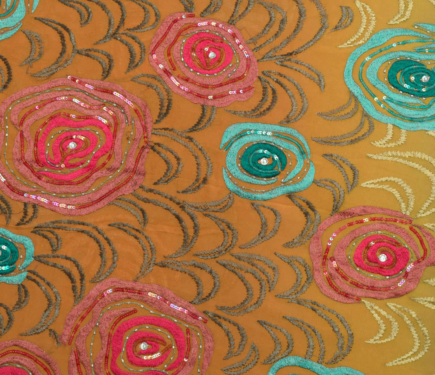 Sushila Vintage Mustard HEAVY Saree Pure Georgette Embroidered Sari Craft Fabric