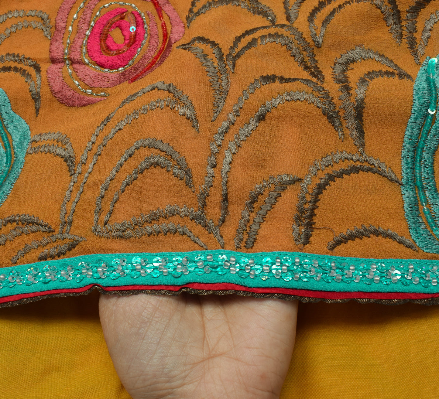 Sushila Vintage Mustard HEAVY Saree Pure Georgette Embroidered Sari Craft Fabric