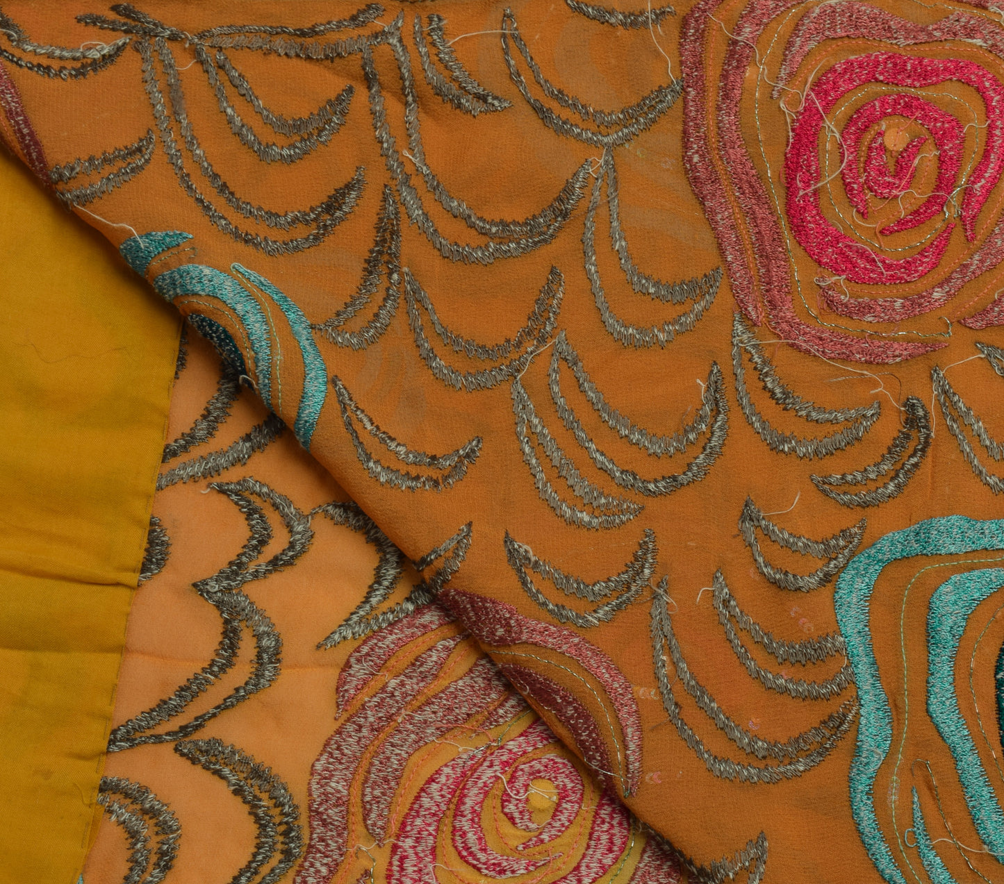 Sushila Vintage Mustard HEAVY Saree Pure Georgette Embroidered Sari Craft Fabric