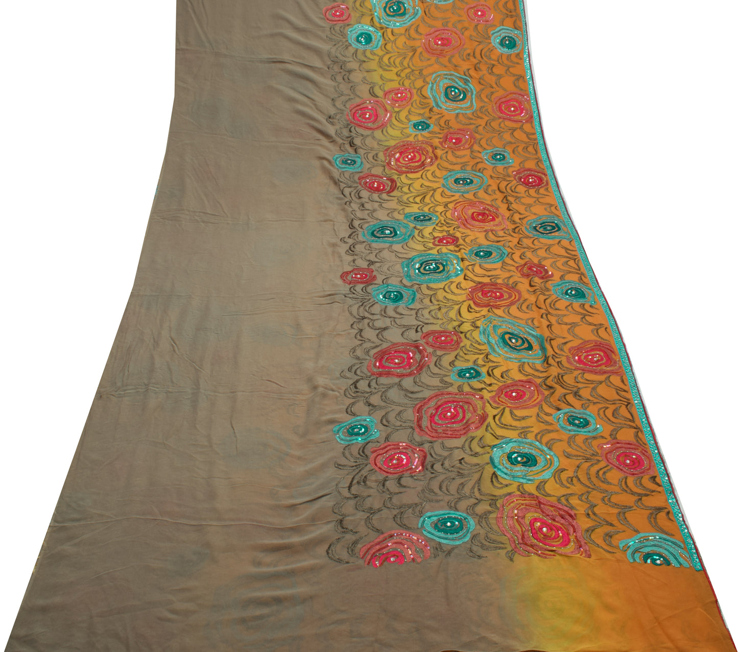 Sushila Vintage Mustard HEAVY Saree Pure Georgette Embroidered Sari Craft Fabric