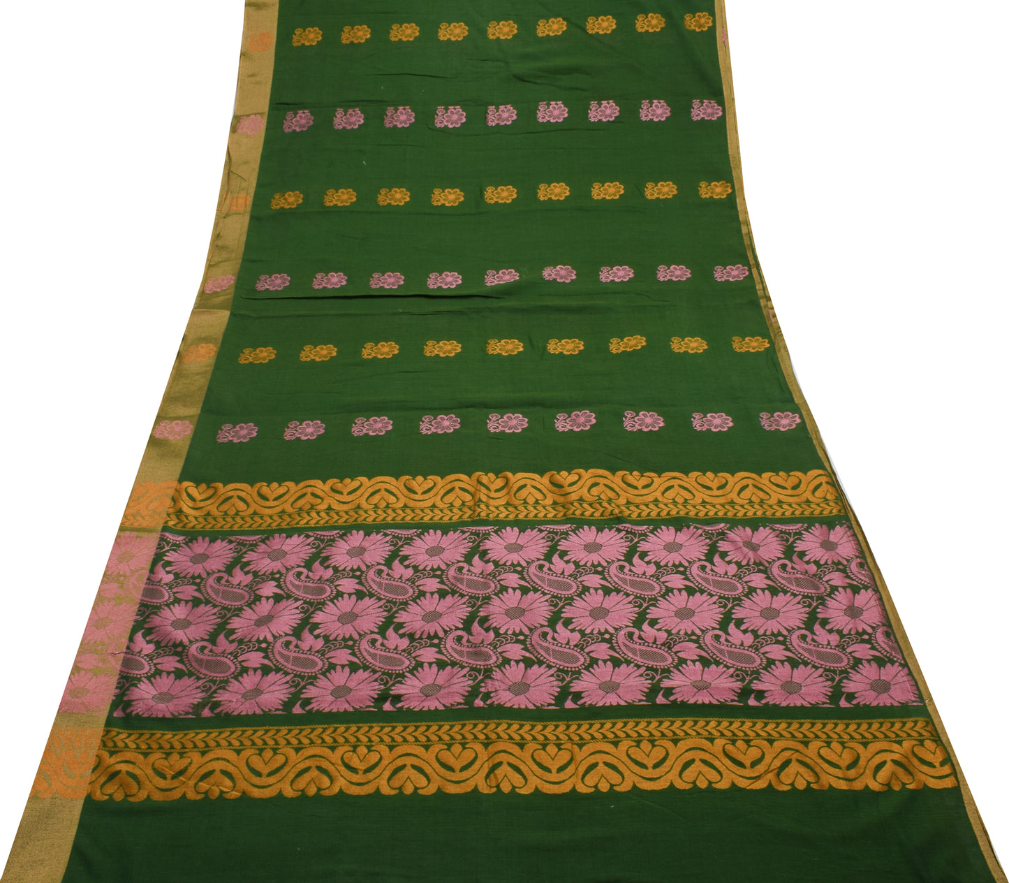 Sushila Vintage Green Saree 100% Pure Cotton Woven Floral 5 YD Sari Craft Fabric