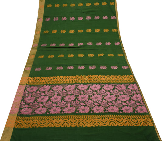 Sushila Vintage Green Saree 100% Pure Cotton Woven Floral 5 YD Sari Craft Fabric