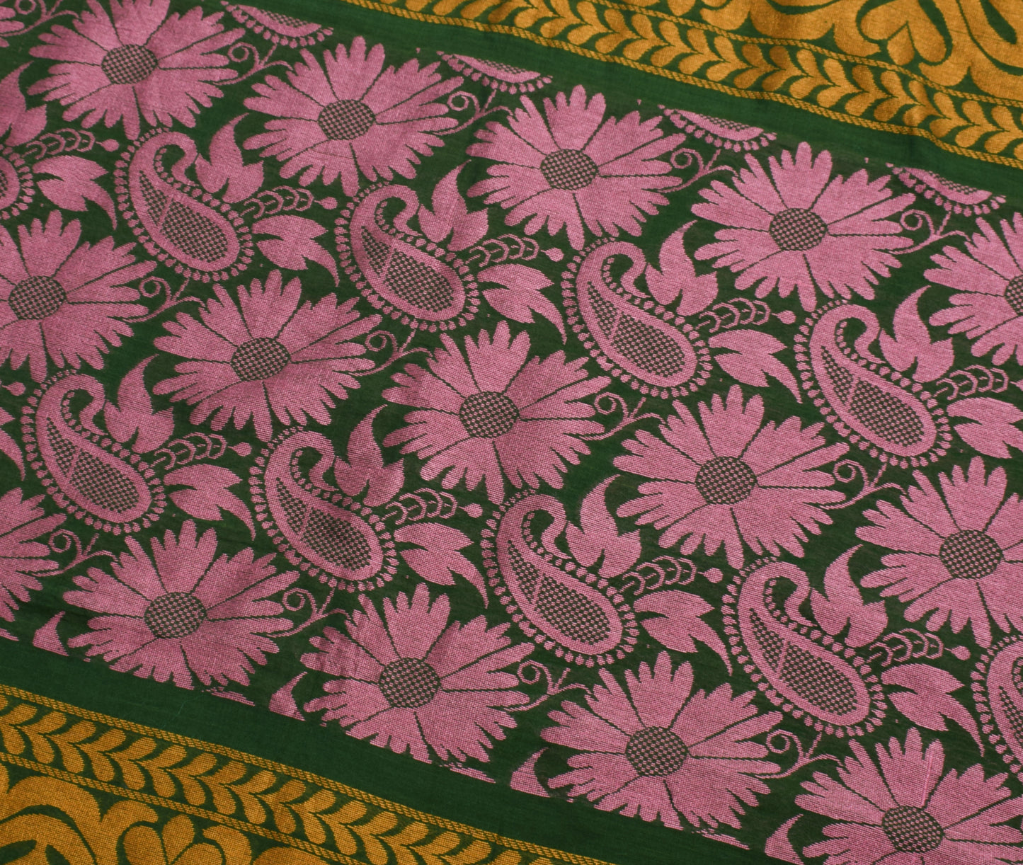 Sushila Vintage Green Saree 100% Pure Cotton Woven Floral 5 YD Sari Craft Fabric