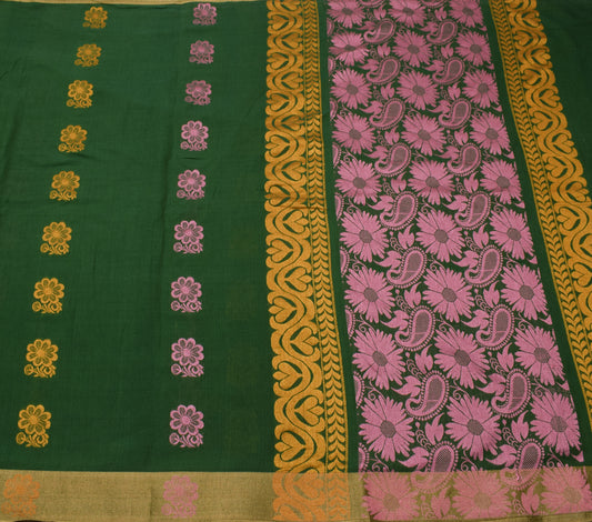 Sushila Vintage Green Saree 100% Pure Cotton Woven Floral 5 YD Sari Craft Fabric