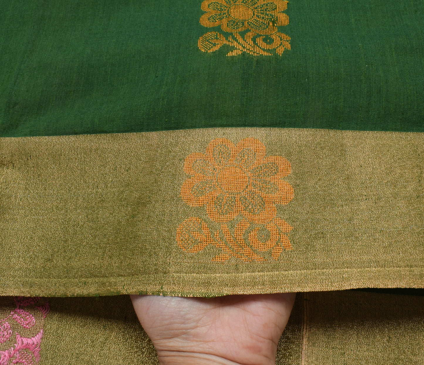 Sushila Vintage Green Saree 100% Pure Cotton Woven Floral 5 YD Sari Craft Fabric