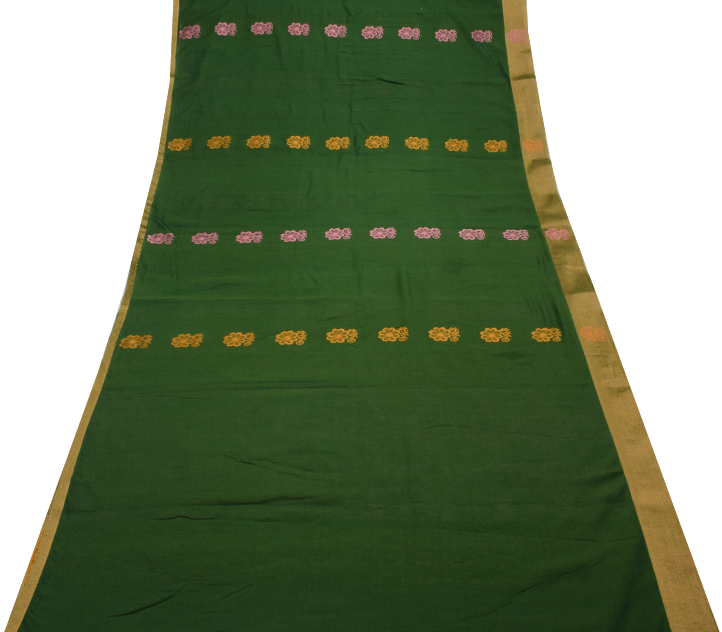 Sushila Vintage Green Saree 100% Pure Cotton Woven Floral 5 YD Sari Craft Fabric