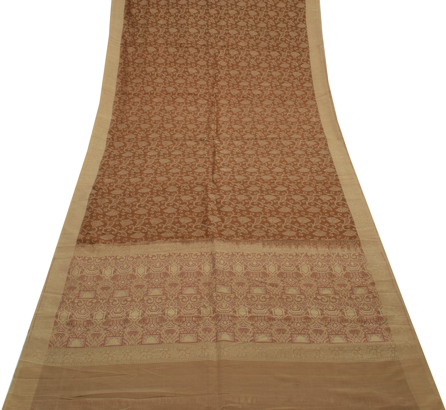 Sushila Vintage Brown Saree 100% Pure Silk Floral All Over Woven Sari Fabric