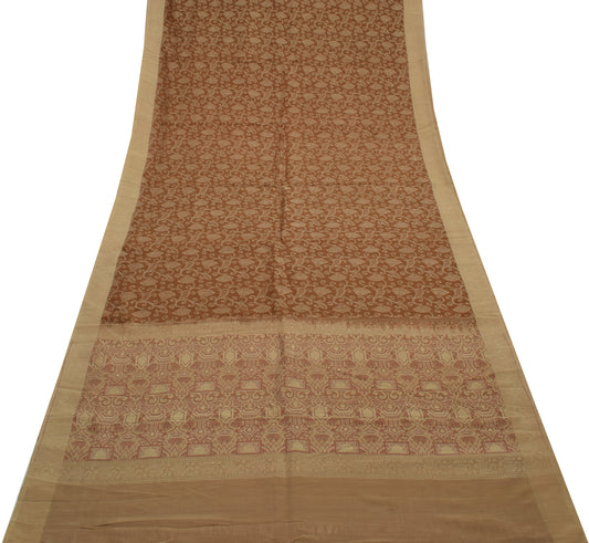 Sushila Vintage Brown Saree 100% Pure Silk Floral All Over Woven Sari Fabric