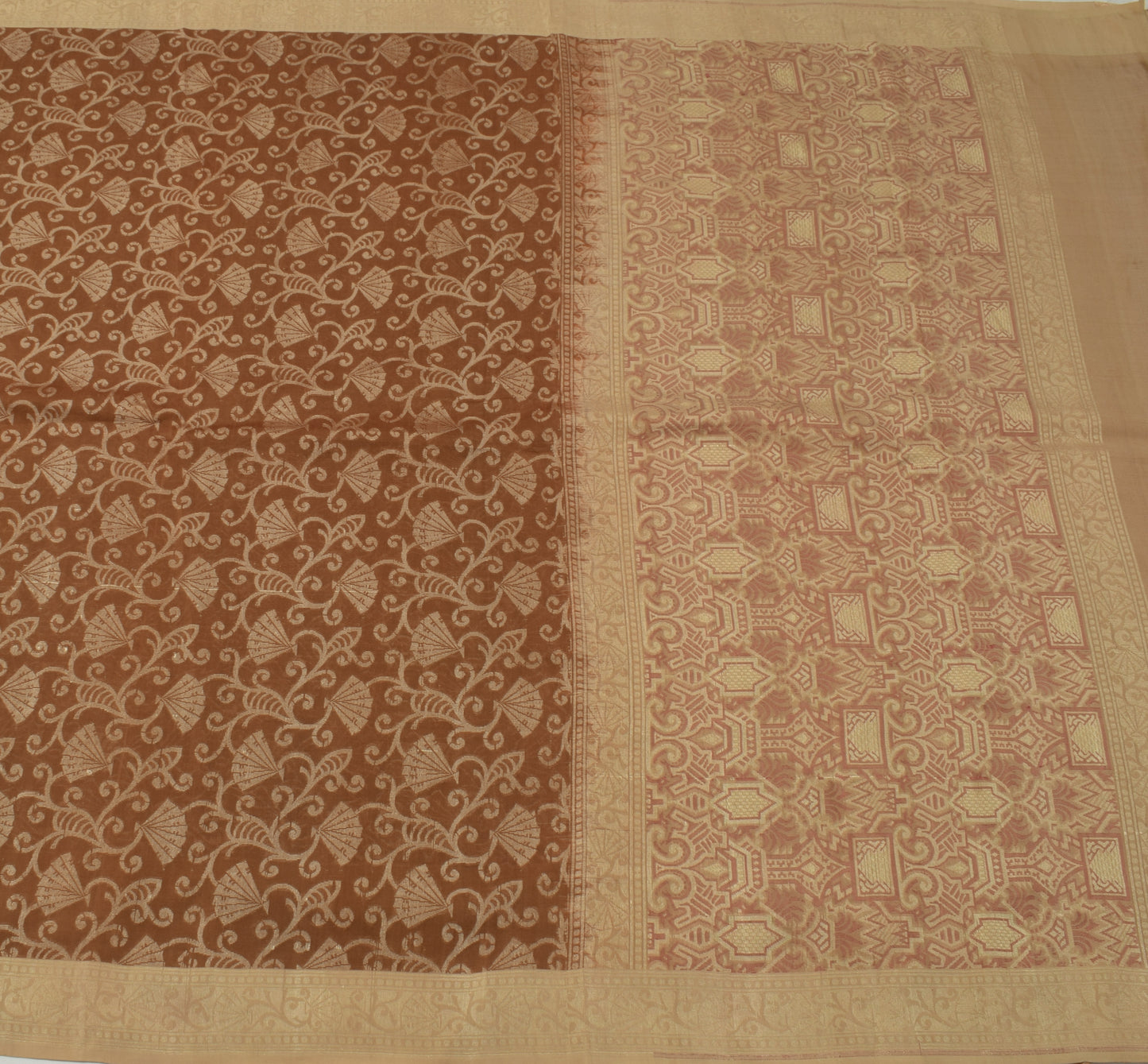 Sushila Vintage Brown Saree 100% Pure Silk Floral All Over Woven Sari Fabric