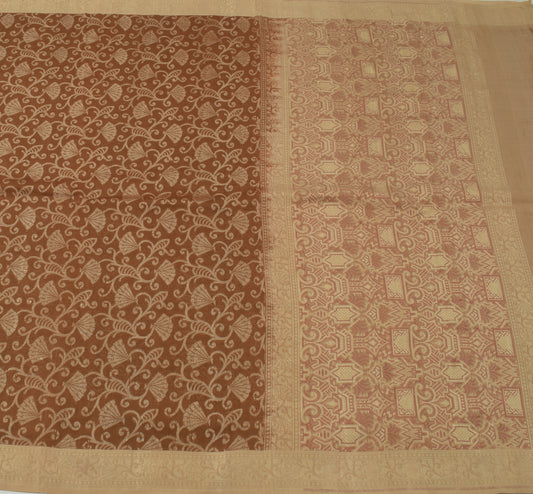 Sushila Vintage Brown Saree 100% Pure Silk Floral All Over Woven Sari Fabric