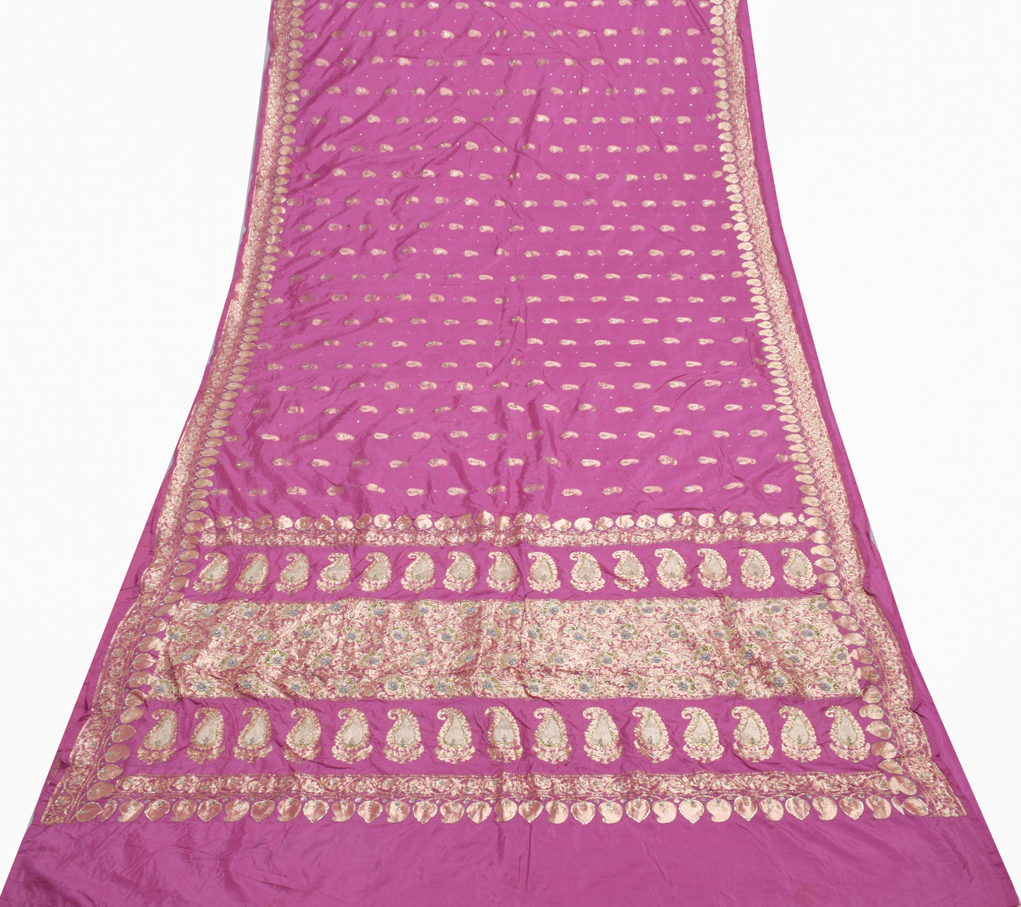 Sushila Vintage Pink Saree 100% Pure Silk Hand Beaded Paisley Sari Craft Fabric