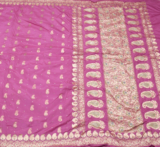 Sushila Vintage Pink Saree 100% Pure Silk Hand Beaded Paisley Sari Craft Fabric