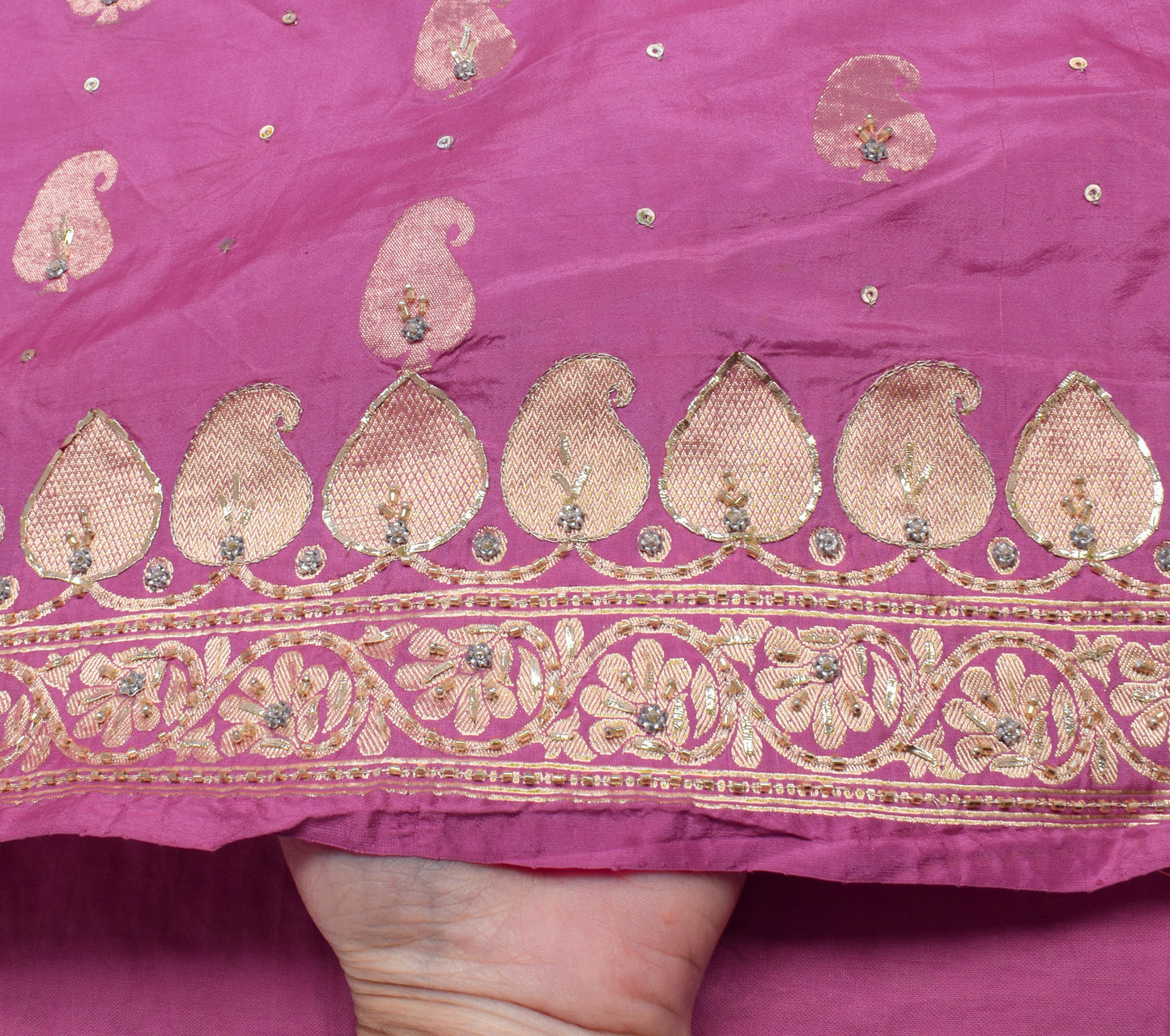 Sushila Vintage Pink Saree 100% Pure Silk Hand Beaded Paisley Sari Craft Fabric