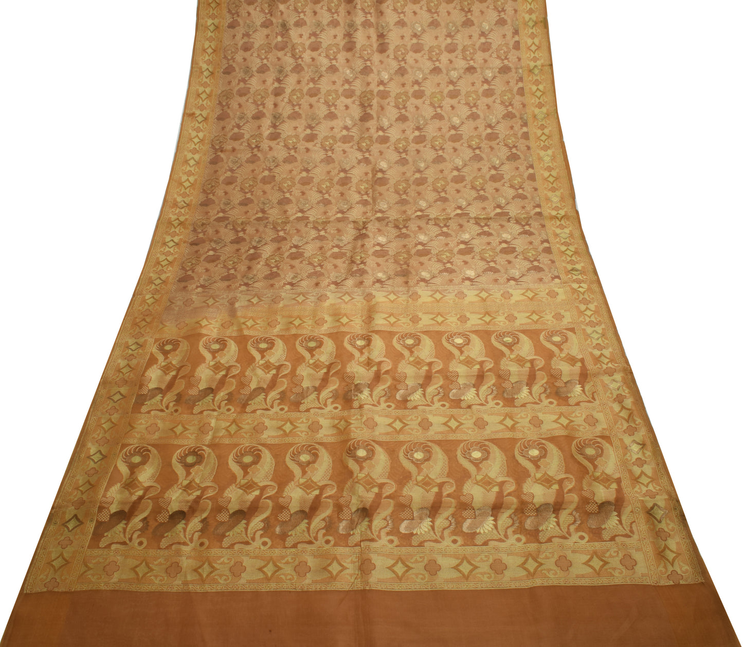 Sushila Vintage Brown Saree 100% Pure Organza Silk Woven Floral 5 YD Sari Fabric