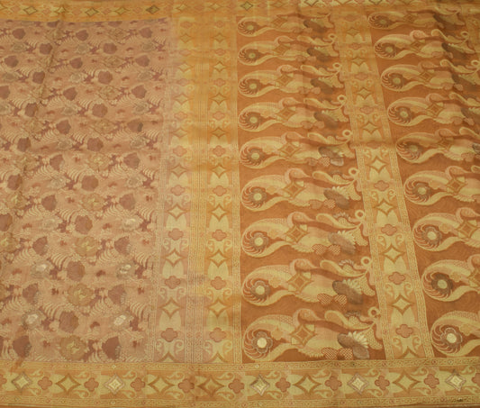 Sushila Vintage Brown Saree 100% Pure Organza Silk Woven Floral 5 YD Sari Fabric