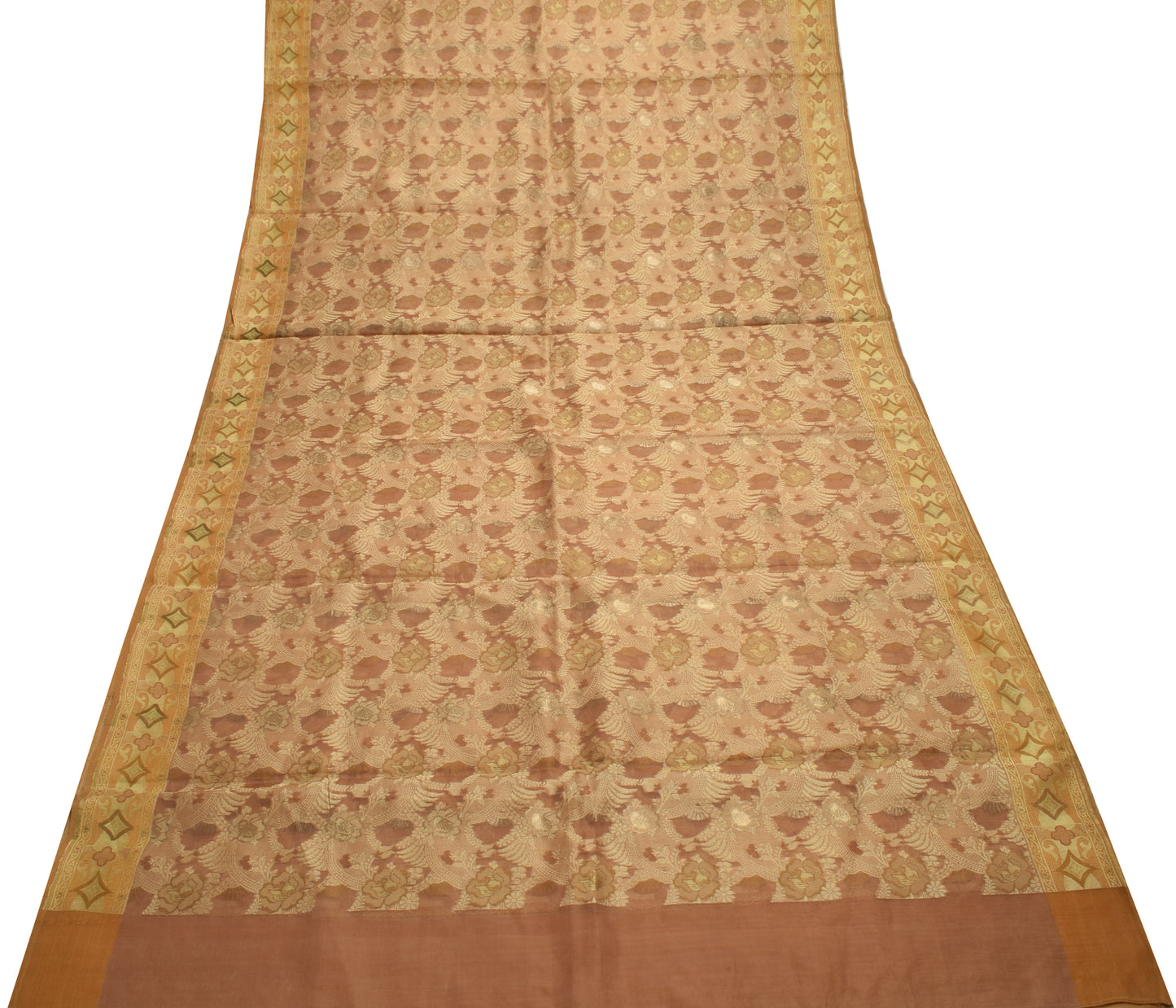 Sushila Vintage Brown Saree 100% Pure Organza Silk Woven Floral 5 YD Sari Fabric