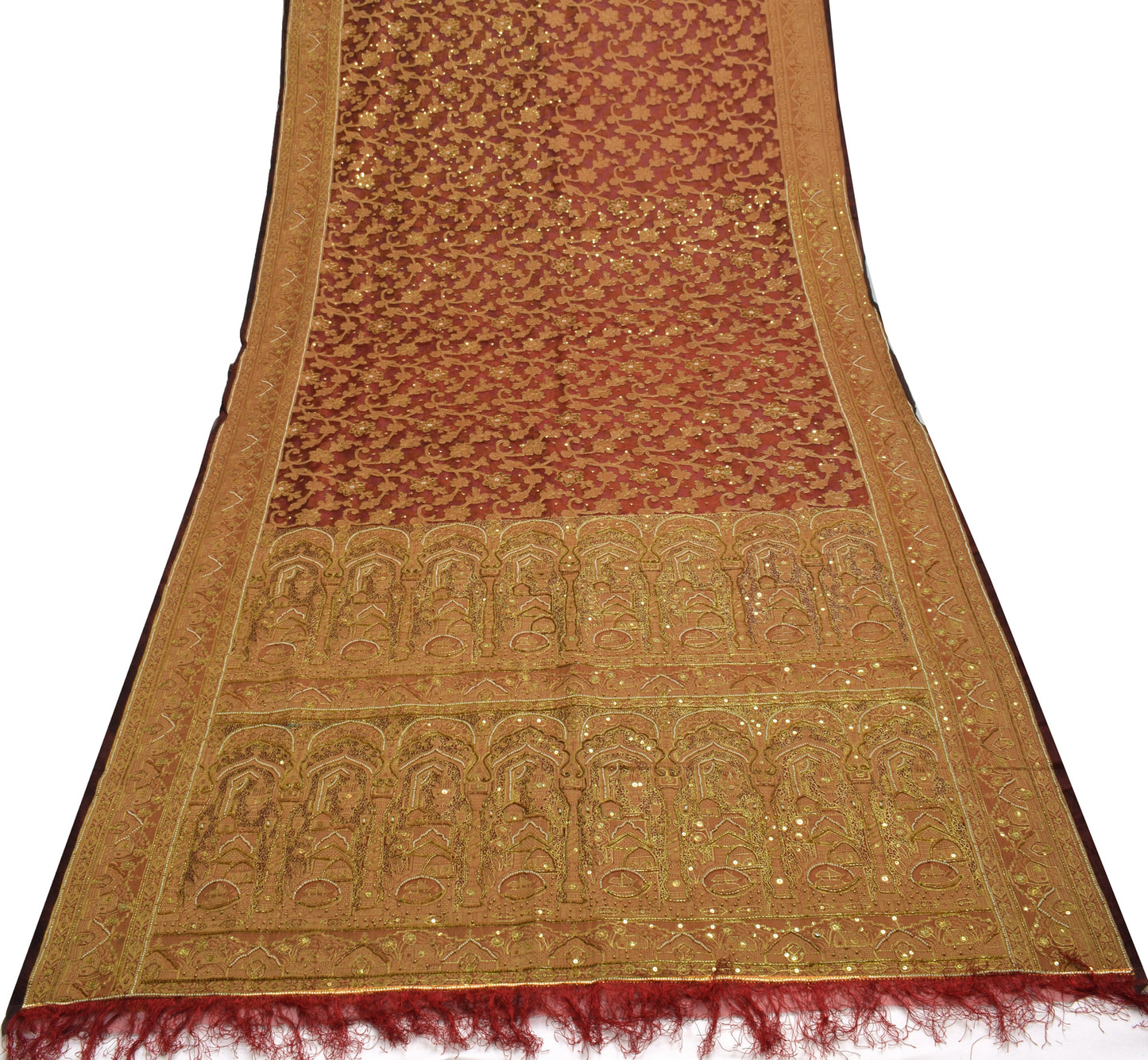 Sushila Vintage Maroon Saree 100% Pure Organza Silk Hand Beaded 5 YD Sari Fabric