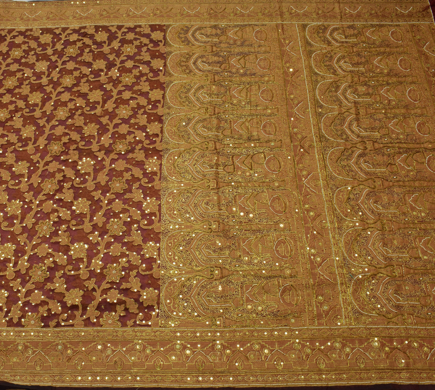 Sushila Vintage Maroon Saree 100% Pure Organza Silk Hand Beaded 5 YD Sari Fabric