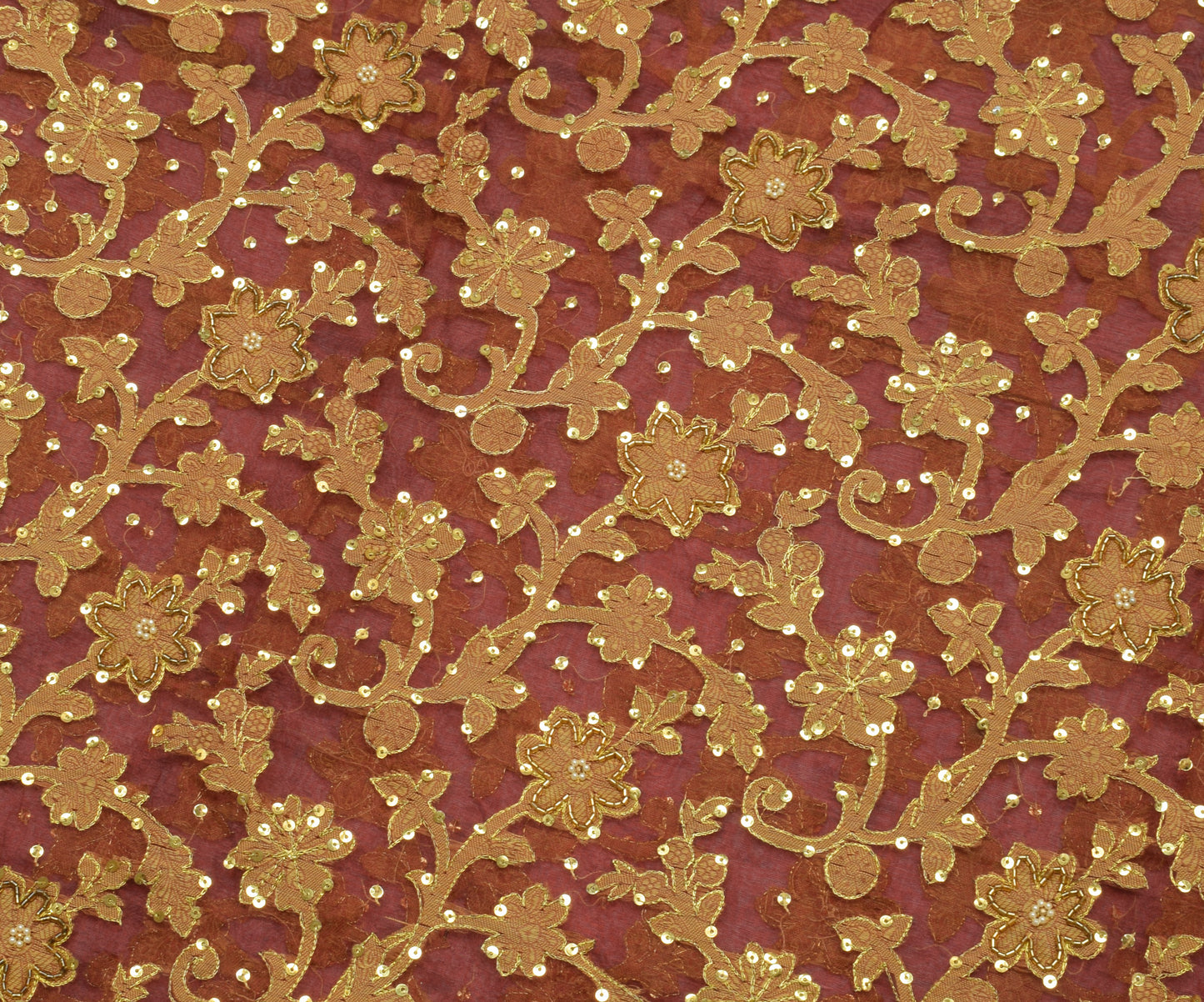 Sushila Vintage Maroon Saree 100% Pure Organza Silk Hand Beaded 5 YD Sari Fabric