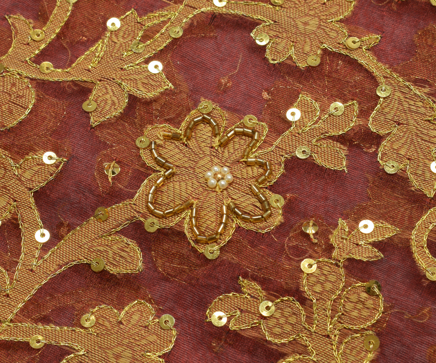 Sushila Vintage Maroon Saree 100% Pure Organza Silk Hand Beaded 5 YD Sari Fabric
