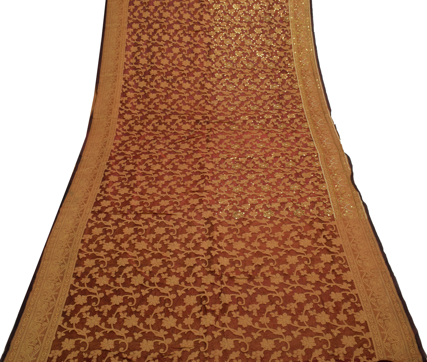 Sushila Vintage Maroon Saree 100% Pure Organza Silk Hand Beaded 5 YD Sari Fabric