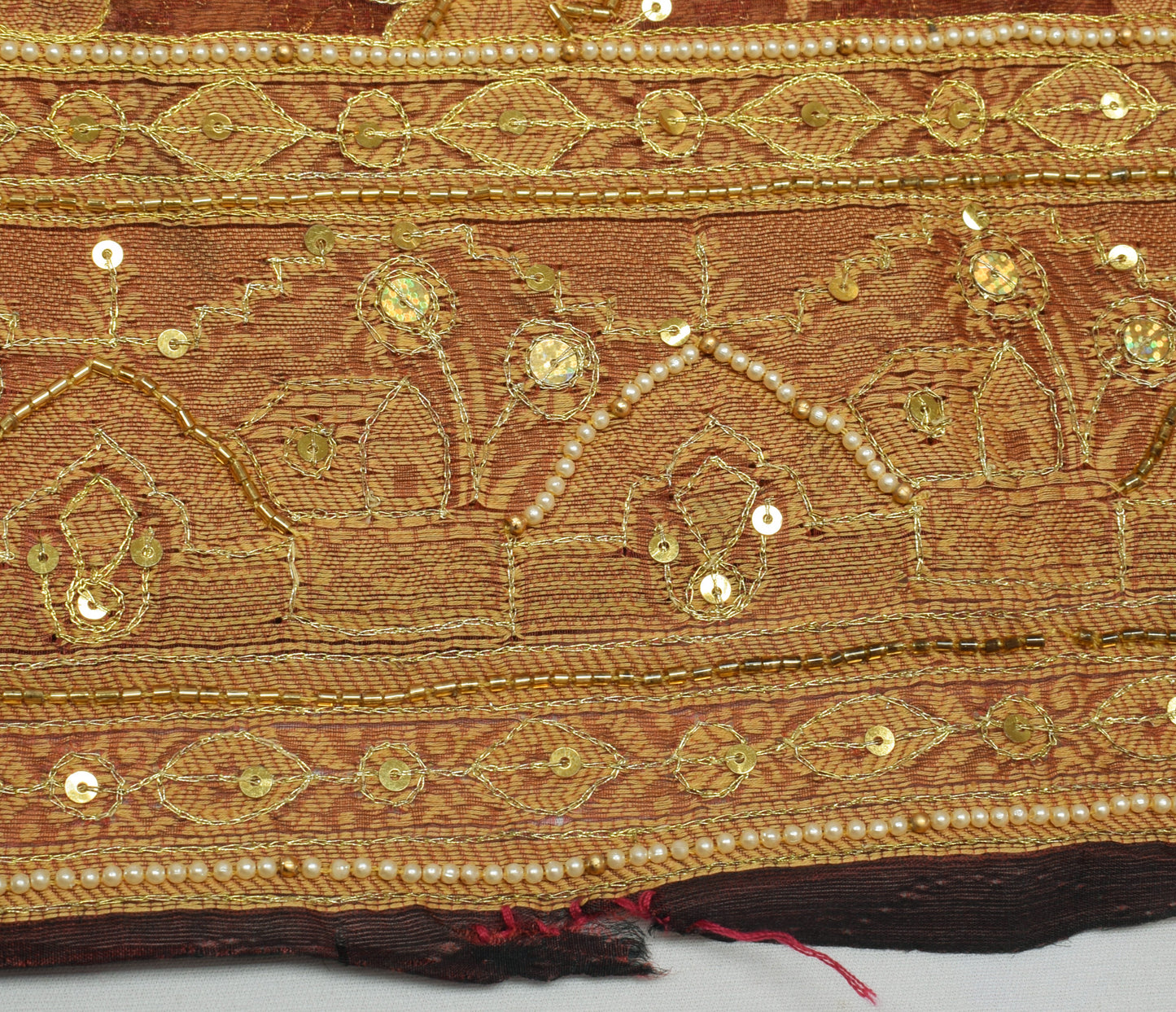 Sushila Vintage Maroon Saree 100% Pure Organza Silk Hand Beaded 5 YD Sari Fabric