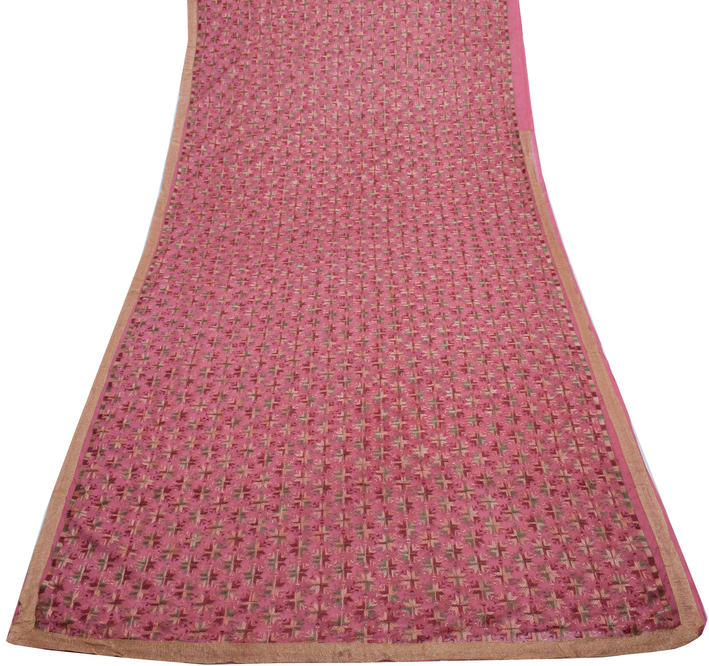 Sushila Vintage Pink Saree Blend Chiffon Phulkari Embroidered Floral Sari Fabric
