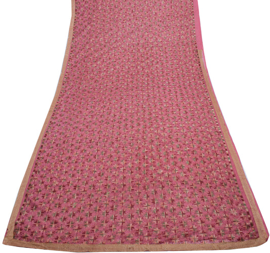 Sushila Vintage Pink Saree Blend Chiffon Phulkari Embroidered Floral Sari Fabric