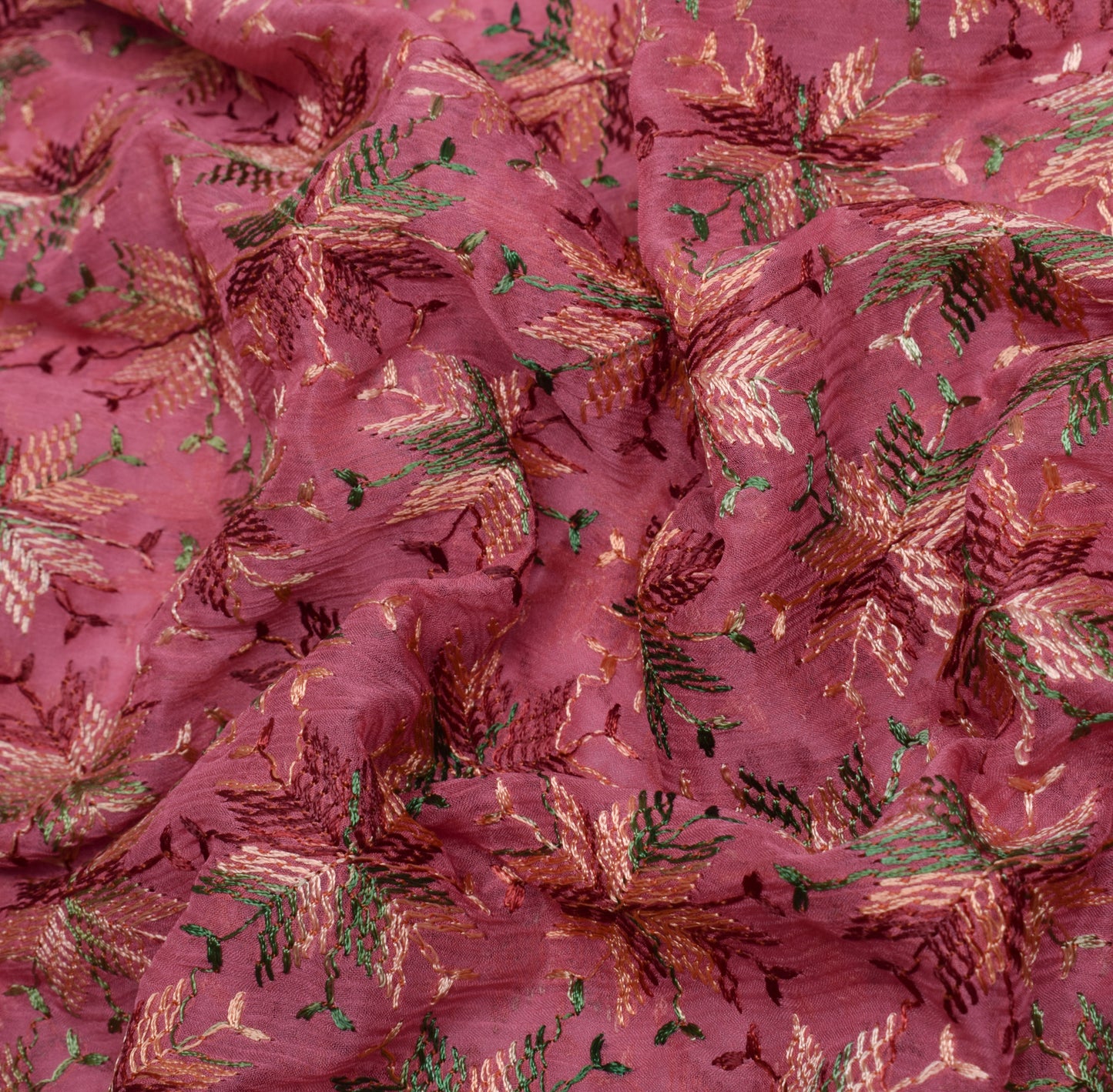 Sushila Vintage Pink Saree Blend Chiffon Phulkari Embroidered Floral Sari Fabric