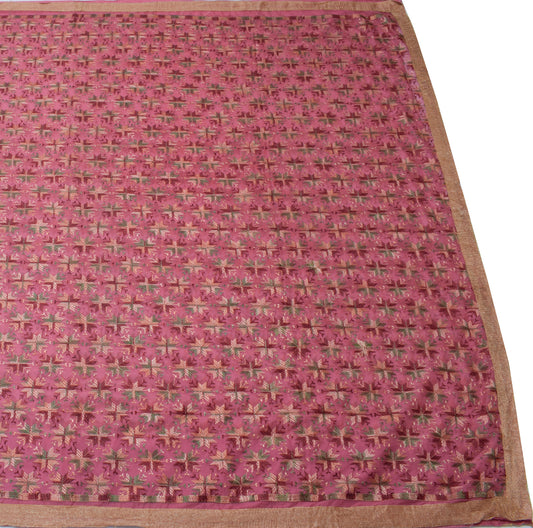 Sushila Vintage Pink Saree Blend Chiffon Phulkari Embroidered Floral Sari Fabric