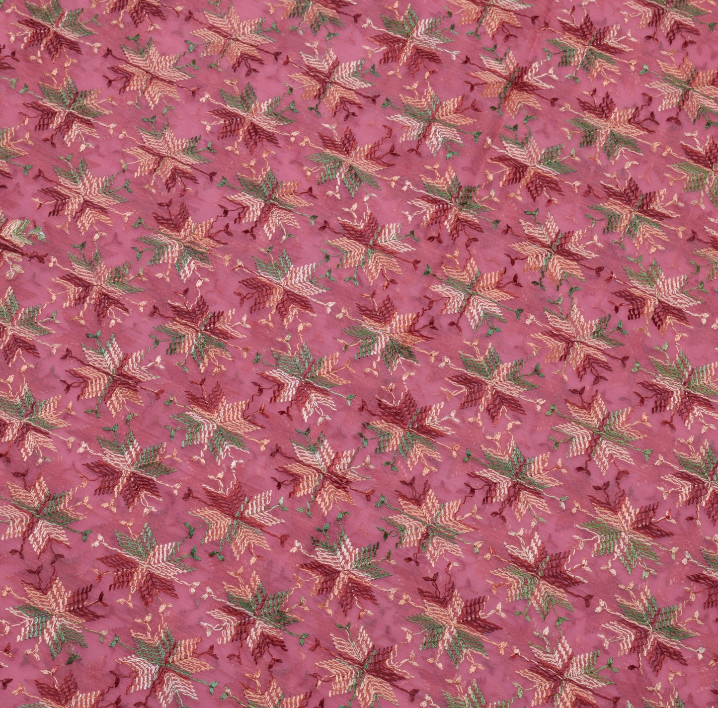 Sushila Vintage Pink Saree Blend Chiffon Phulkari Embroidered Floral Sari Fabric