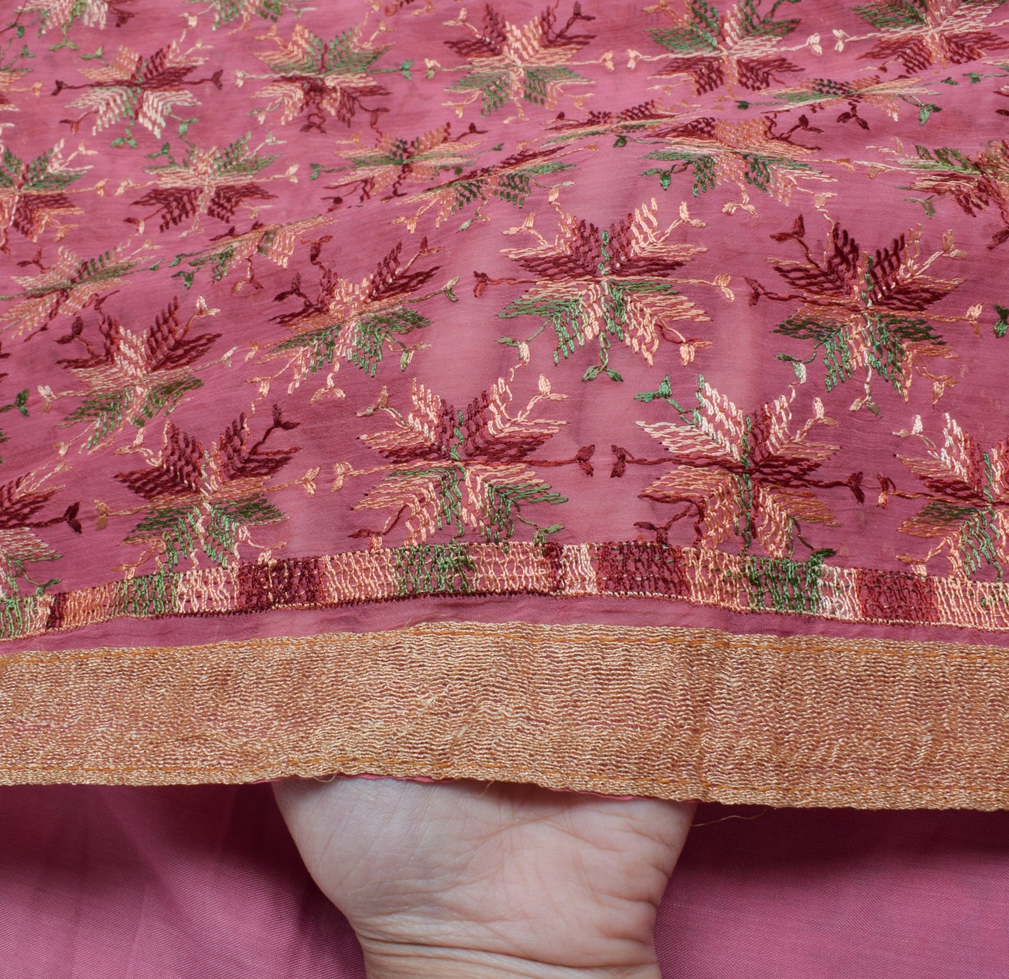 Sushila Vintage Pink Saree Blend Chiffon Phulkari Embroidered Floral Sari Fabric
